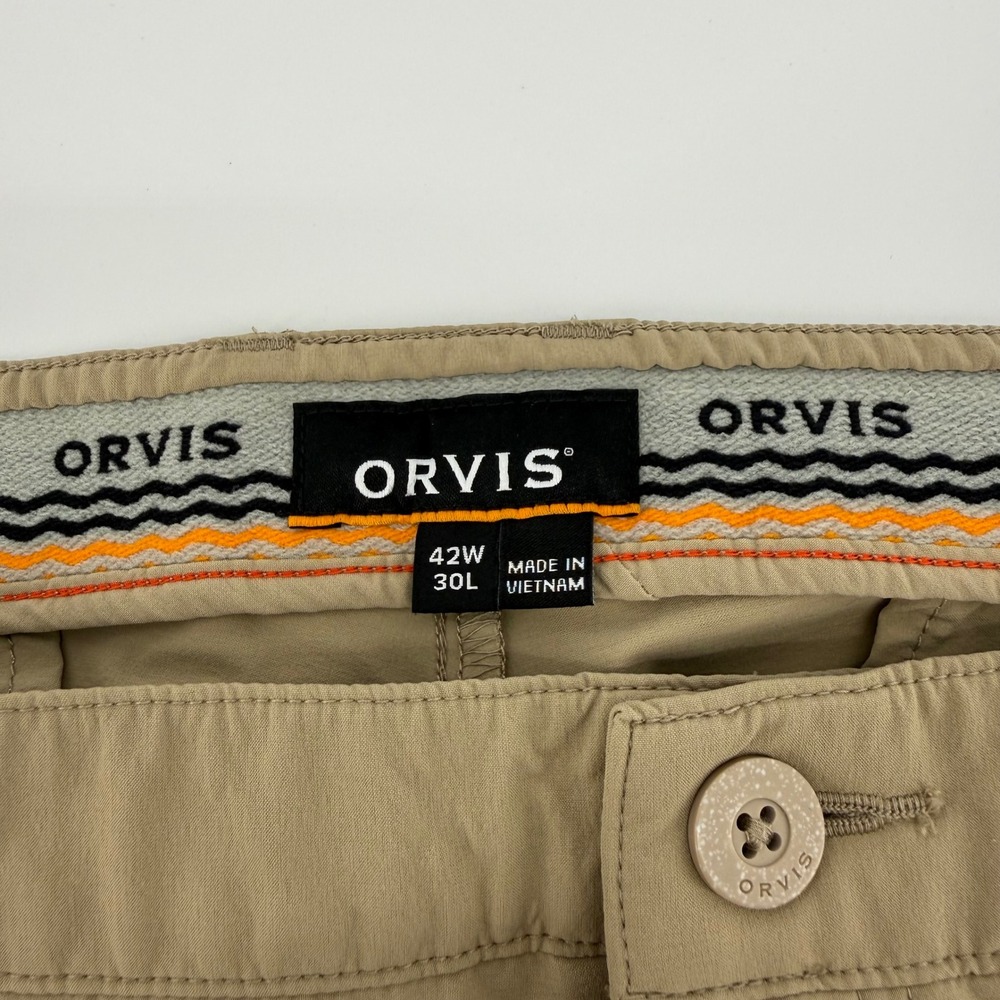 Orvis Mens Tech Pants 42x30 Tan Khaki Stretch Nylon Hiking Outdoor Trousers